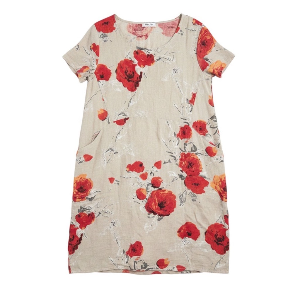 Helga‎ May Linen Dress Womens est Large Beige Red Floral Rose Short Sleeve Shift